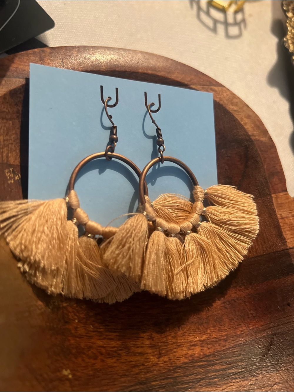 Fashion Jewelry Tan Tassel Hoop Earrings